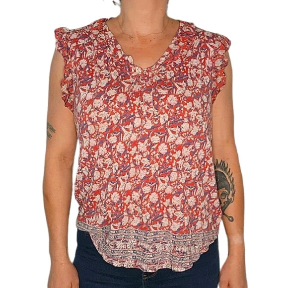 Lucky Brand Paisley Print Cap Sleeve Blouse Size Large Red Floral - Picture 1 of 4